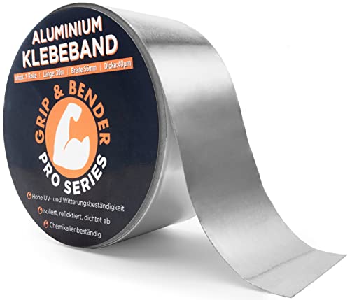GRIP&BENDER Aluminium Klebeband zum Abdichten - Wasserdichtes Alu-Klebeband für Außen mit 55mm Breite - Selbstklebendes Alu-Tape für Dampfsperre (55mm x 30m)