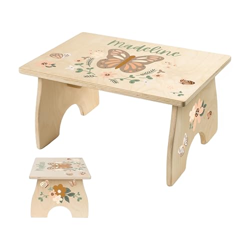 Step Stool for Toddlers- Personalized Wood Kids Step Stool with Name for Kitchen Sink, Bathroom, Potty Training, Toilet, Kitchen Sink- Sturdy and Safe- Made in USA by BloomOwl (Butterfly)
