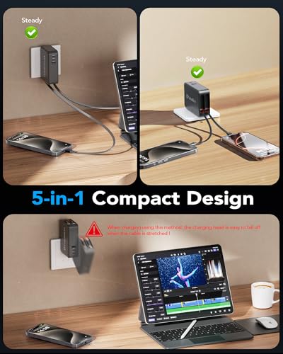 Image of 65W for MacBook Pro Charger,5-in-1 Retractable Wall Charger Plug for iPhone | Retractable Wall Charger for iPhone,Dual 3.94 ft PD USB C Cable&3 Ports,Fast Charging Block for Mac Book,iPad,Galaxy,Pixel
