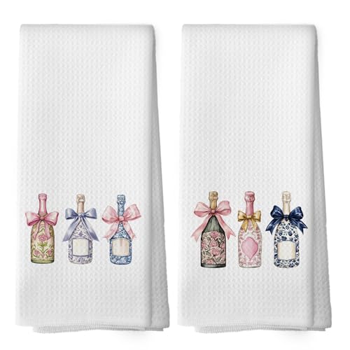Mcehtle Chinoiserie Champagne Bow Kitchen Towels Set of 2, Champagne Accessories Bar Bathroom Decor, Grandmillennial Decor, Champagne Gifts for Women Bachelorettes Decorative Tea Towels 16x24 Inch