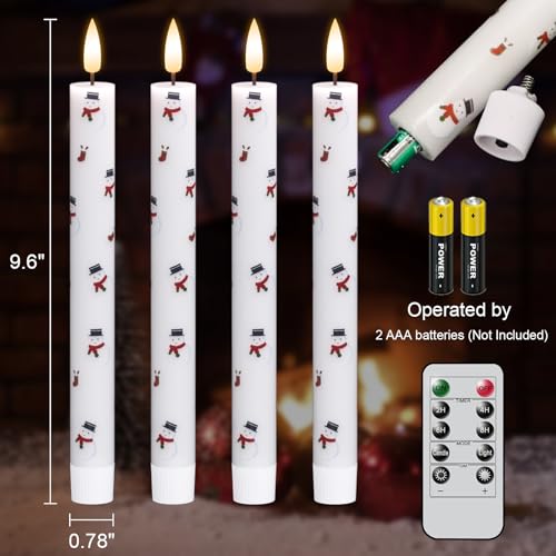Image of Eldnacele Christmas Taper Flameless Candles with Remote and Timer, Battery Operated 3D Wick Flickering Snowman Decal Candle Real Wax LED Candles Dinner Indoor Holiday Xmas Decor(4Pcs,0.78 inchx9.6 inch