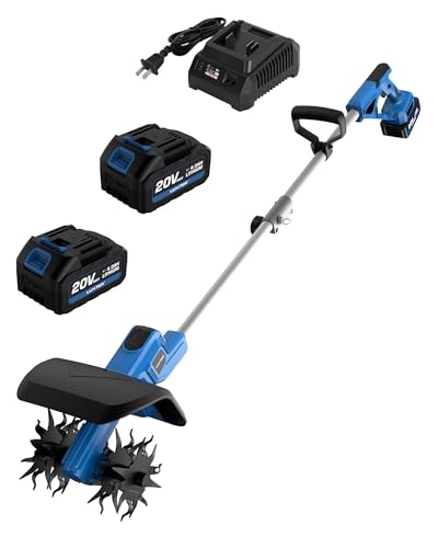 LUXTER 20V Cordless Tiller for Gardening 8.6 Inch Electric Garden Cultivator with 48 Steel Tines Lightweight Cultivators 2×4.0AH Batteries & Fast Charger for Smooth Ground Breaking,Tending,Composting