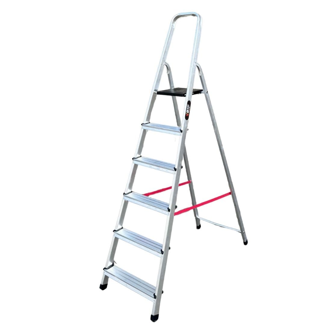 BTF - Escalera Plegable Aluminio 6 Peldaños Premium | Posición en Tijera hasta 3 Metros | Robusta + Estable + Ligera + Fabricada en Europa | 5,4kg | Escada | Certificada para tu Seguridad. BTF-TJL106