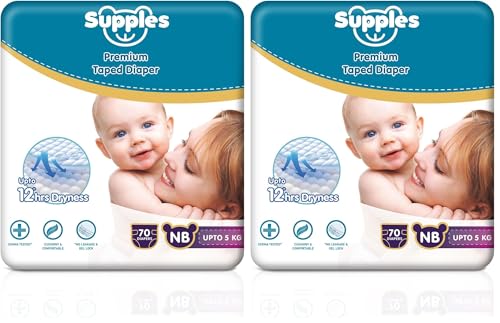 Image of Amazon Brand - Supples Premium Newborn Taped Diapers | Derma Tested, Extra Soft, High Absorbency with Wetness Indicator & Umbilical Cut Design, 12 Hrs Absorption | NB /XS | Up to 5 kg | 70 Count