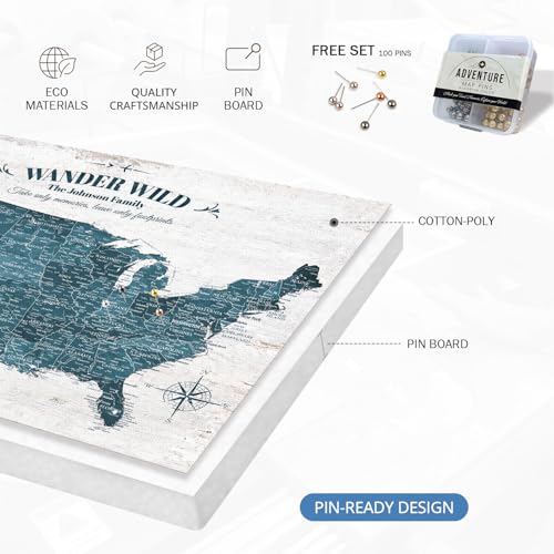 Image of IPIC - Custom USA Map Wall Art, Push Pin Travel Map with Custom Names to Track Your Travels, Vintage Teal Farmhouse Style Framed Canvas Wall Decor for Home, Office or RV, Ready to Hang