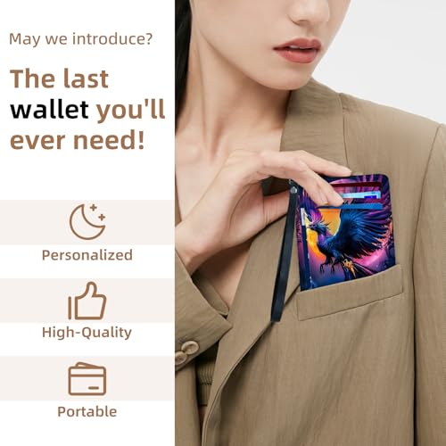 Credit Holder Slim Wallet, PU Leather RFID Blocking, Women & Men Front Pocket Small Card Holder, Credit Card Wallet with Wristlet, Convenient Travel Business, Majestic Phoenix4