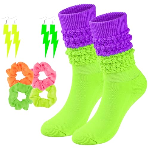 TRIITECH Neon Slouch Socks for Women 80s 90s Scrunch Knee High Socks