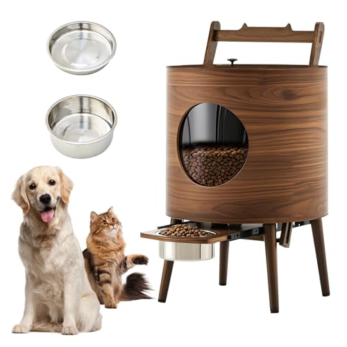 CLIPOP Wooden Pet Food Storage Container with Semi-Automatic Dog Feeding Station- 6L Dry Food Dispenser for Cats & Dogs, Exchangeable Height Wooden Legs for Small Medium Breeds
