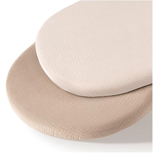 Image of MairMore Muslin Bassinet Sheets for Babies – Soft & Breathable 100% Cotton Fitted Sheets for Oval, Rectangle, Hourglass Bassinet Mattress Pads, 2-Pack (Ivory & Pink)