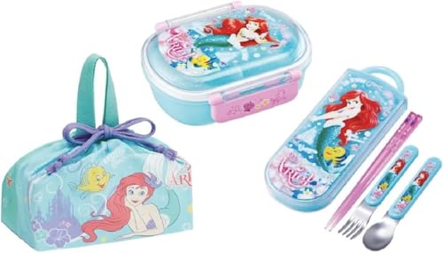 スケーター(Skater) アリエル 24 抗菌 食洗機対応 ふわっとフタタイトランチボックス 小判型 お弁当箱 360ml トリオセット (箸/スプーン/フォーク) ランチ巾着 Princess プリンセス キッズ こども キャラクター ふんわり ふわっ