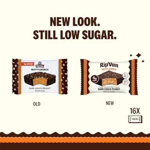 Image of Rip Van Nutty Crunch Dark Choco Peanut Butter Wafer - Crispy Wafer Snack, Low Sugar, 120 Calories, Individually Wrapped - 16 Count