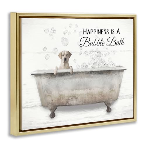 Image of 'Happiness Is A Bubble Bath Dog'| Floating Frame Canvas Art | Stupell Industries | Gold, 31 x 25 Inches, Easy to Hang and Sturdy, Made in USA, by Lori Deiter