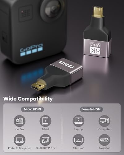 Image of FEDUS EIKON Micro HDMI to HDMI Adapter (Male to Female), 8K@60Hz, 48Gbps High-Speed, Connector Converter, Compatible with GoPro Hero, Raspberry Pi 4 /5, Camera to TV /Monitor, Projector (NOT Micro USB)