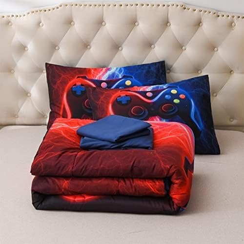 Miniatura 6 de Juego de ropa de cama para jugadores Meeting Story, conjunto de edredón con diseño de rayos y gamepad para niños, botones de acción, decoración