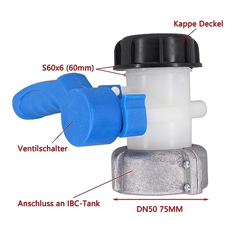 IBC Adapter DN50 75cm zu S60x6 IBC Tankadapter DN 50 Auslass Regelventil Absperrklappe Kugelhahn Wassertank Klappenhahn Regentonne Auslaufhahn Ventil Gartenhahn Ablaufadapter für IBC Regenwassertank