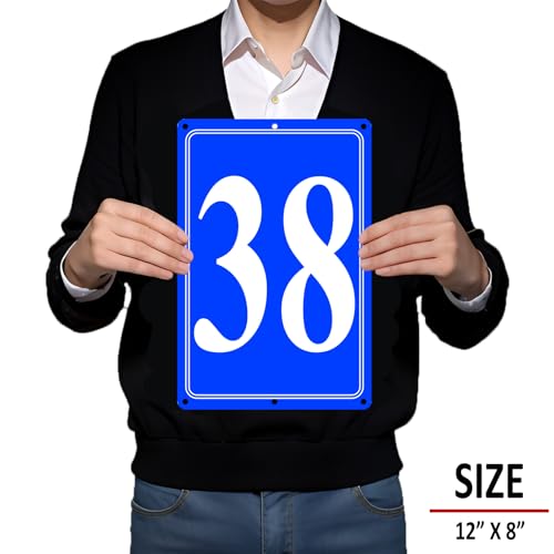 Image of Premium Aluminum Number Signs 38, Metal 12 inch X 8 inch Blue Numbered Signs Outdoor for Parking Lots, Floor, Dock, Court, Aisle, Field, High Visibility, No Fade, Weather-resistant