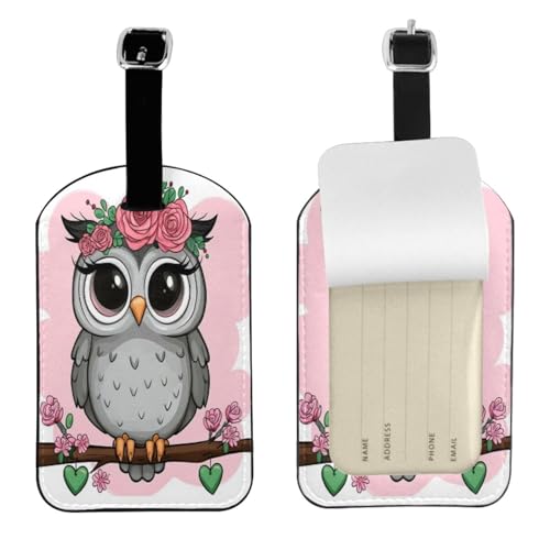 Étiquette bagage chouette rose en cuir synthétique porte-nom