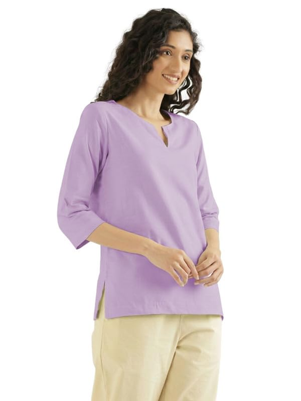 Image of SAADAA Airy Linen Split Neck Short Kurta for Women | Casual & Office Wear | 3 /4 Sleeves, Comfortable Fit | Elegant Top | Lightweight & Breathable Fabric |