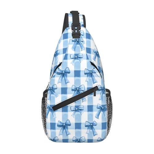 Image of SUPLUCHOM Sling Bag Blue Bows Check Hiking Daypack Crossbody Shoulder Backpack Travel Chest Pack for Men Women