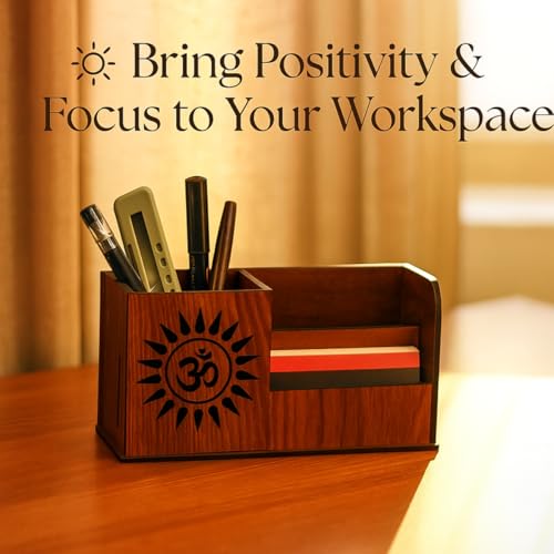 Image of Handcrafted Wooden Pen Holder & Mobile Stand | Desk Organizer for Office, Home & Study Table | Pen Pencil Stand with Card Holder (6.75x3.75x2.5 Inch) (OM Harmony)