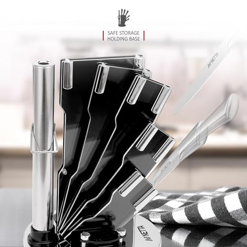 NETTA Kitchen Knife Set with Block - Professional 8-Piece Stainless Steel - Premium Kitchen Set with Clear Storage Block, 5 Knives, Scissors, Knife Sharpener and Potato Peeler