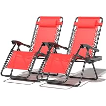 Zero Gravity Chair, Portable Outdoor Chair, Reclining Patio Lounge Chair with Adjustable Pillow and Cup Holder Trays for Outdoor, Patio, Beach, Camping, Garden, Poolside, 2 Pack, Red