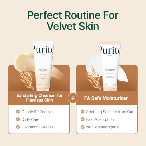 Image of PURITO Oat Velvet Duo, Calming Gel Cream & Exfoliating Facial Polish, Non-comedogenic Formula, Moisturizer, Cleanser, Mild Korean Skincare for All Skin Types 3.38+5.07 fl.oz