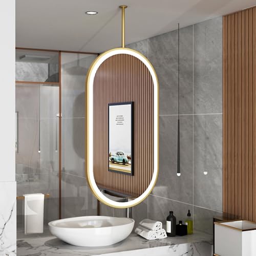 VOHJIXJYW Espejos de baño Grandes con Marco de Metal para sobre Lavabo, Espejos Decorativos Modernos con luz LED Ovalada, Espejos de tocador para Colgar en el Techo, Dorados (50 cm x 60 cm)