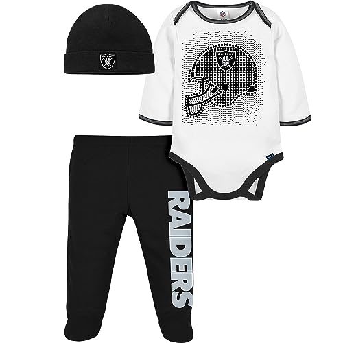 Gerber NFL Oakland Raiders 3 Pack Bodysuit Footed Pant and Cap Registry Gift Set for Baby Boys, Black/White Oakland Raiders, 6-9 Months