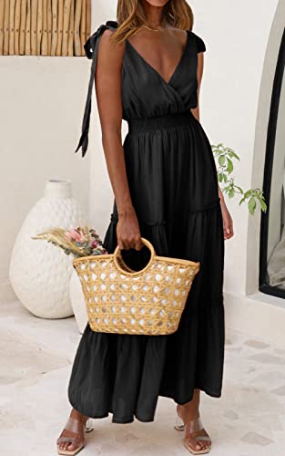 Image of PRETTYGARDEN Women's Cross Neck Summer Sleeveless Tiered Maxi Dress Beach Tie Strap Smocked Long Dresses Pleated Sundress