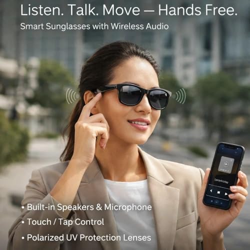 Image of Maizic Smarthome Bluetooth Smart Sunglasses | Polarized UV Protection Lenses | Touch /Tap Control | Built-in Speakers & Microphone | Rectangle Design | Wireless Audio Sunglasses for Unisex