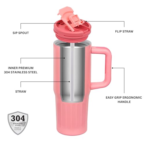 Image of FLAIR Vogue Vacuum Insulated Stainless Steel 750 ml Tumbler with Handle | 2-in-1 Lid with Flip Straw & Sip Spout -Pink | Hot & Cold Beverage Mug | Leak Resistant