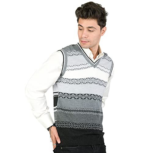 Image of Men Woolen V-Neck Printed Design Sleeveless Pullover Heavy Rainbow Fabric Winter Wear Pure Wool Cardigan Regular Coaty Fully Warm Heavy Pullover Cardigans Free Sizes