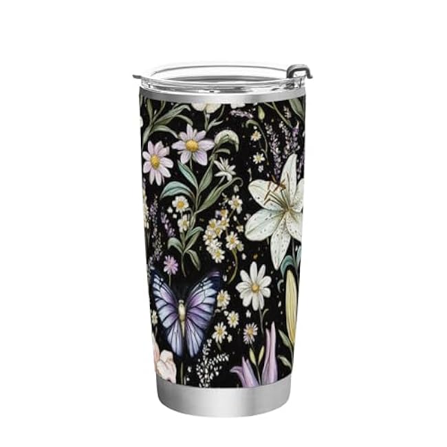 12 Oz Stainless Steel Vacuum Insulated Tumbler Beautiful Flowers Butterfly Coffee Cup with Lids and Straw Double Wall Water Travel Mug for Hot and Cold Drinks for Home Office