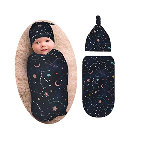 Image of Space Galaxy Constellation Swaddle With Beanie Set, Soft And Stretchy Space Baby Stuff Blanket Swaddle Sack For Newborn Boy And Girl