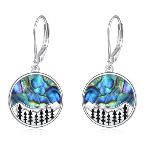 Mountain Earrings Gifts Sterling Silver Abalone Sun Mountain and Tree Dangle Earrings Nature Jewelry Gift for Skiers, Hikers, Campers, Climbers,Nature Lovers