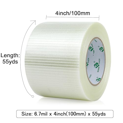 Image of BOMEI PACK Fiber Reinforced Packing Tape 4 inch, Wide Clear Heavy Duty Bi Directional Filament Strapping Tape 4Inch x 55yds 6.7Mil