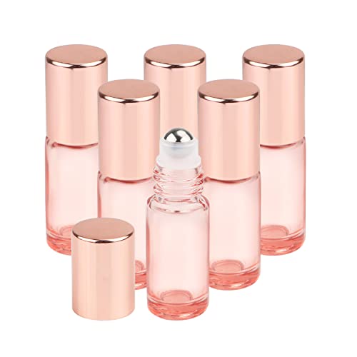 Wresty 1/6 Oz Pink Glass Roller Bottles, 6 Pack 5ml Roll On Bottles With Rose Gold Lids For Essential Oils, Perfume, Cosmetic Liquid