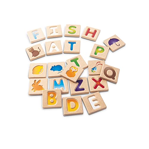 Image of PlanToys Alphabet Learning Toys - A-Z Wooden Tiles for Play and Development - Sustainably-Made Green Toys