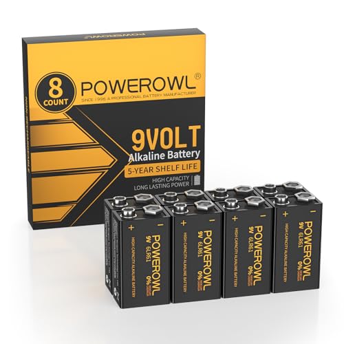 POWEROWL 9V Alkaline Battery - Pack of 8, High Capacity 9 Volt Batteries, Long Lasting, Smoke Alarm Detectors, Remote Control Car