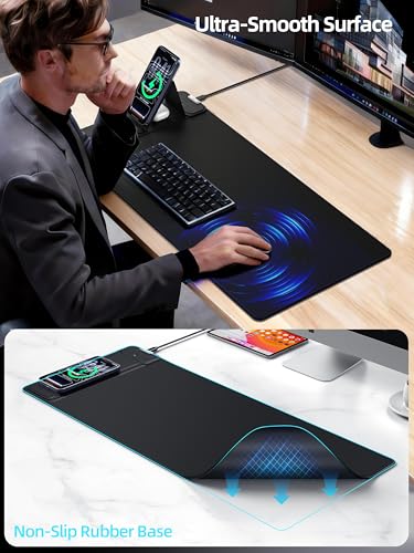Image of Mouse Pad with Magnetic Wireless Charging & Adjustable Phone Stand | 27.5 inchx11.8 inch Computer Mouse Mat with Anti-Slip Base & Stitched Edge, Easy Gliding, Spill-Resistant Surface, Black