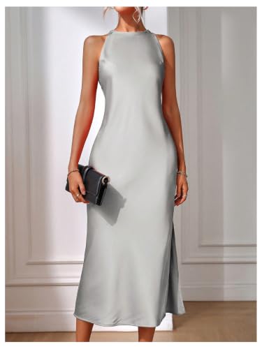 Image of Floerns Women's Elegant Crew Neck Maxi Slit Cocktail Tank Wedding Dress | Boat Neck, Side Slit, Long, Party, Cocktail, Formal, Rehearsal Dinner Guest Midi Dress
