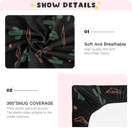 Image of Cactus Plant and Mountain Black Fitted Crib Sheets Stretchy Portable Playard Sheets for Baby Toddler, Breathable Soft Mini Crib Mattress 52 x 28 in for Boys and Girls