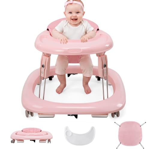 Baby Walker with Wheels, One-Touch Foldable Walker &amp; 7‑Level Height Adjust