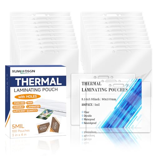 Image of 200 Pack 5mil 3x4 inch Thermal Laminating Pouches Badge Laminate Pouches Clear Laminated Luggage Tags Printable Laminator Pouches for Business Permits Cards (200, 2.94 inchx4.13 inch-5mil-with Holes)