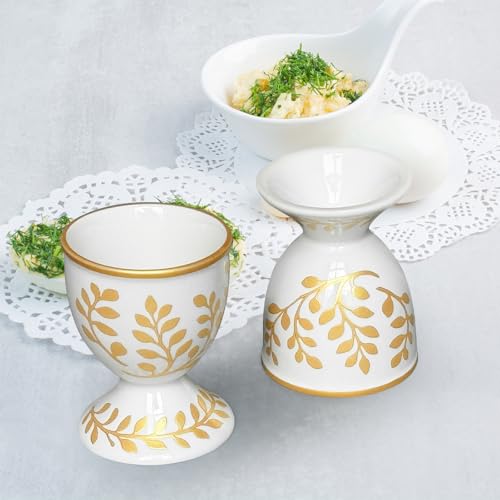 Image of Cinf Ceramic Egg Cups, Set of 2, Champagne Gold Boiled Egg Holders | Set of 2 ceramic egg cups, elegant champagne gold stable base, easy to clean, ideal for boiled eggs and breakfast serving