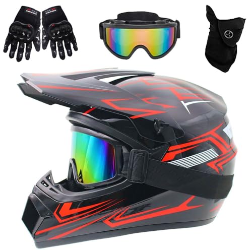HNGKGJBL Youth & Kids Dirt Bike Helmets Motocross, for Boys & Girls Ages 5-14, with Gloves Goggles Mask, Dirt Bike Downhill Off-Road Mountain Bike Helmet, Four Wheeler, BMX, MX(Red Shadow,L(56-57cm))