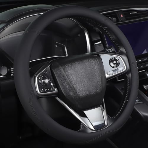 OHHMNKK XL Size 16.5-17 Inch Steering Wheel Cover for Car, Van, Fits RV, Semi, Truck, Trailer, Bus, Big Rig Trucker, Classic Cars, Faux Leather Steering Wheel Grip Anti-Slip Design Black