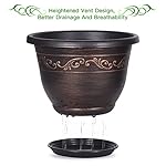 Plastic-Plant-Flower-Planters-10 Inch with Drainage Hole & Saucer, 3 Packs Lightweight Small Resin Flower Pot Indoor Outdoor, Retro Antique Imitation Decorative Garden Containers Sets for Houseplants - Image 4