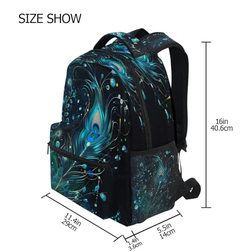 Peacock Feather Black Backpack for School Boys Girls Adults Kids Bookbag Laptop Bag 15L4